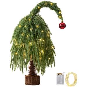 Tabletop Artificial Christmas Tree with Wooden Base-18Inch Real Touch Norfolk Pine Christmas Tree Small with Red Bauble,Table Top Xmas Tree for Home Office Party Holiday DIY Desk Decor
