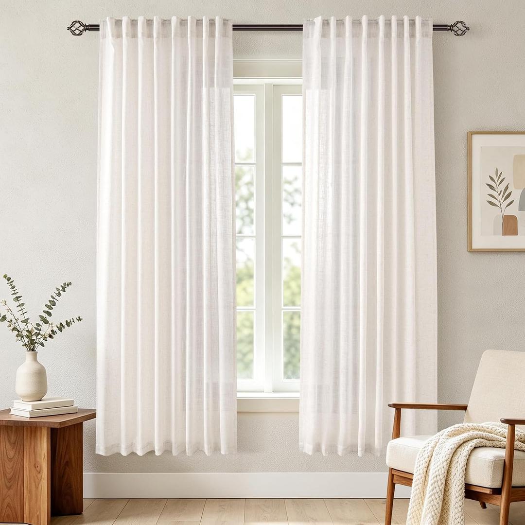 Cream Linen Curtains 72 inch Long 2 Panel Set for Living Room Back Tab Rod Pocket Semi Sheer Light Filtering Bedroom Window Curtain 72 inch Length Modern Farmhouse Neutral Ivory Linen Drapes 60x72