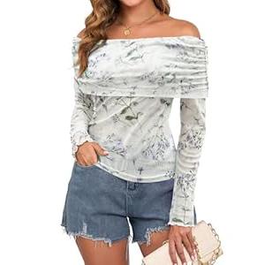 ZAFUL Women's Sexy Off The Shoulder Mesh Tops Classy Sheer Stretchy Slim Fit Shirts Party Going Out Blouse  (Large)