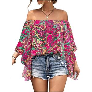 Women's Y2K Floral Off Shoulder Blouse Boho Shirt Ruffle Half Bell Sleeve Blouses Shirred Vacation Beach Shirt 2XL