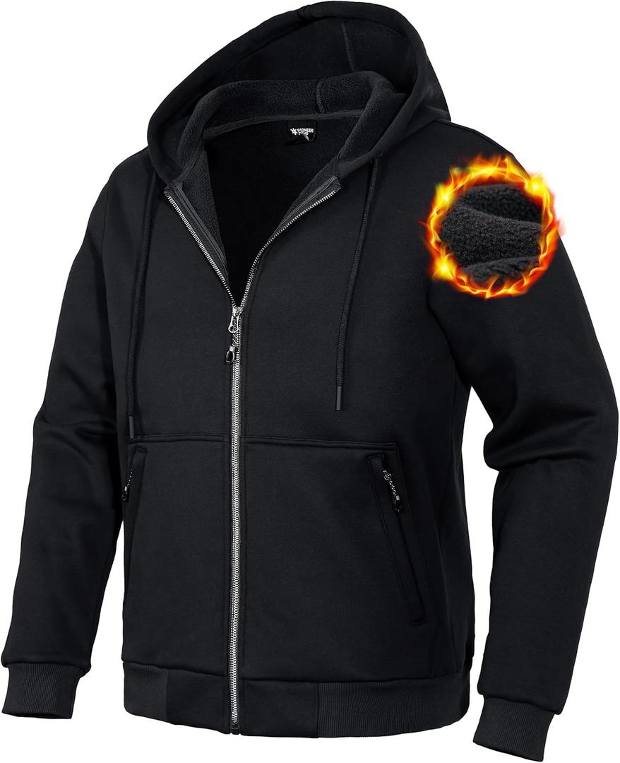 Pioneer Camp Zip Up Hoodie Men Fleece Lined with Zipper Pocket Heavyweight Hooded Sweatshirt Loose Fit Winter Active Jacket (Medium, Black)