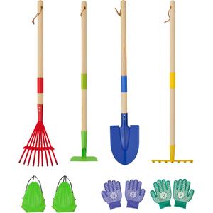 4-Piece Garden Tool Set with Shovel, Rake, Hoe, Leaf Rake - 2 Pairs of Gloves & 2 Storage Bags, Wooden Gardening Tools for Yard & Lawn Care