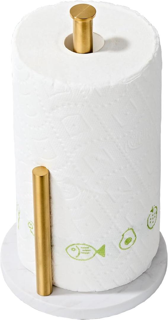 Brushed Gold  Paper Towel Holder, Stainless Steel Paper Towel Holder for Kitchen Roll Organize, Standard or Jumbo-Sized Roll Paper, Countertop Roll Dispenser with Marble Base