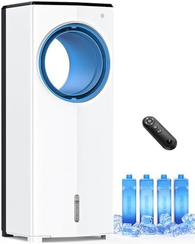 CENSTECH Windowless Evaporative Cooler, 27" Bladeless Evaporative Air Cooler with 4 Modes & 3 Speeds, Double Tanks, 4 Ice Packs, 25FT Remote, 7H Timer, Portable Swamp Cooler