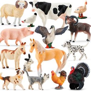 Farm Animal Toy Figure Set, 15Pcs Plastic Kid Farm Animal Toy Playset Cow Horse Goat Sheep Pig Donkey Goose Duck Turkey Chicken Dog Cat Rabbit for Toddler 3-5 5-7