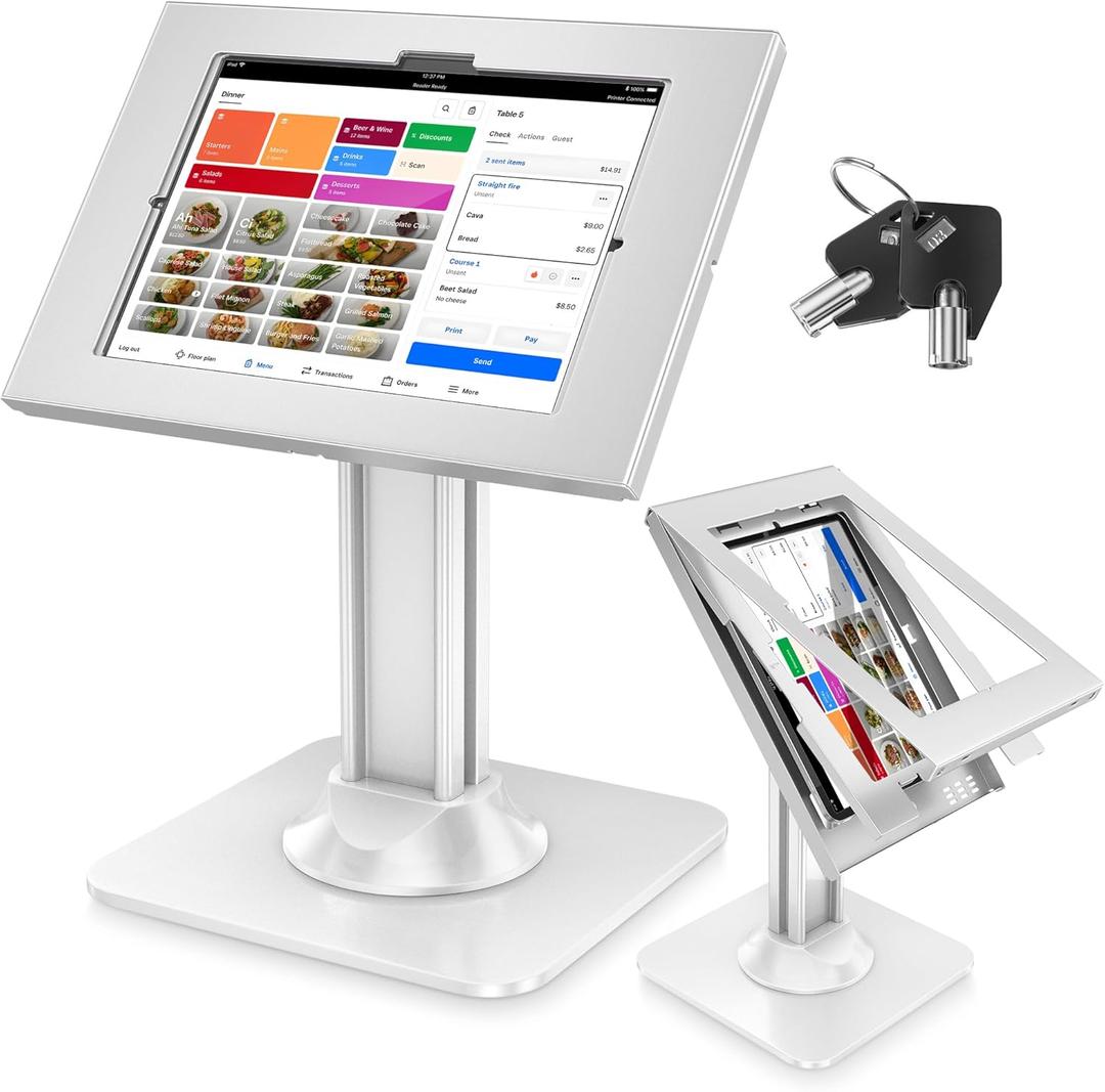 AboveTEK Anti-Theft iPad Kiosk Stand, POS iPad Security Stands, Aluminum Locking Tablet Stand with Heavy Duty Base, 360° Swivel & 75° Tilt, Retail Desk Mount for Business & Commercial Use (White)