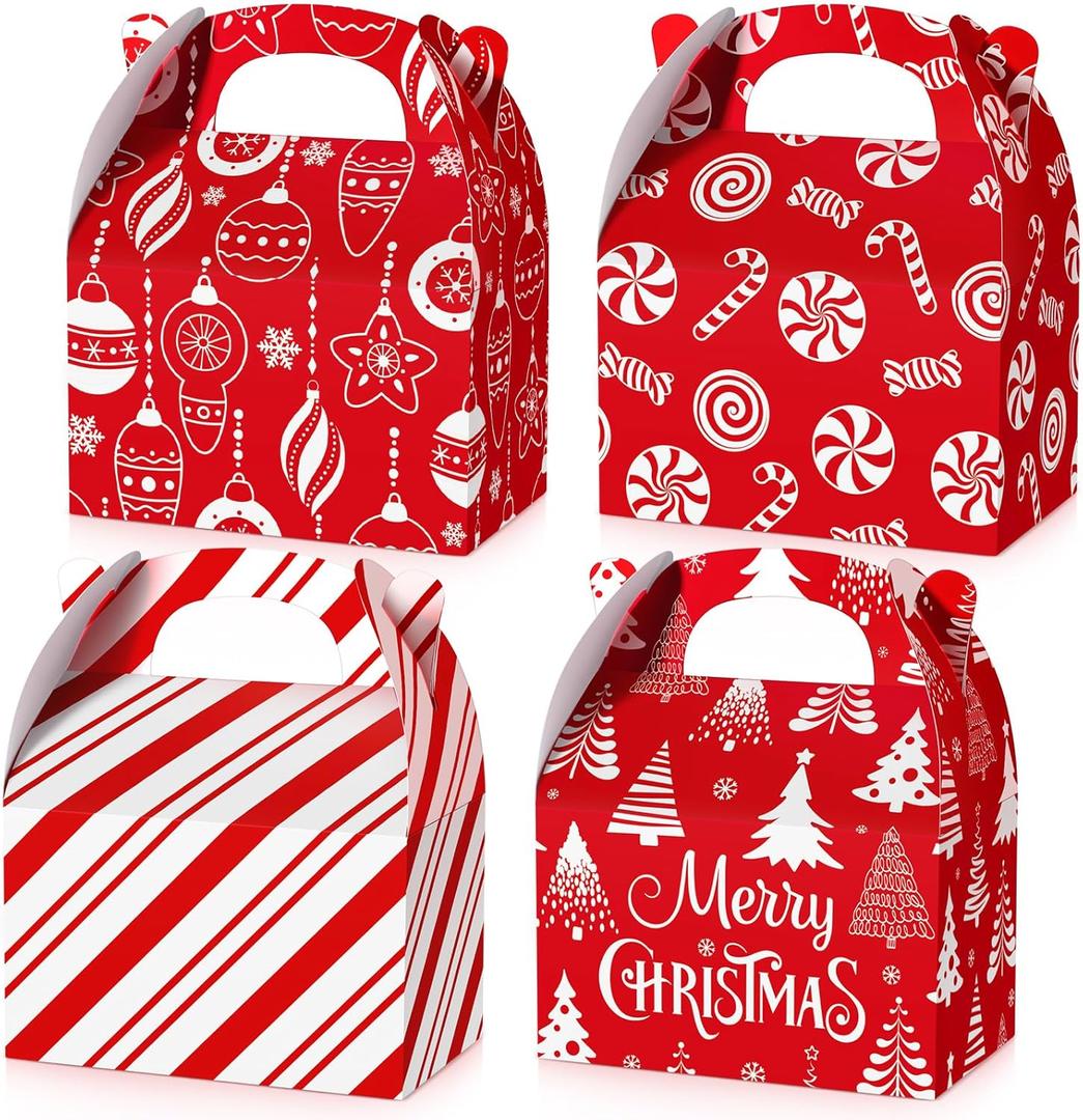 24 Pcs Christmas Goody Candy Boxes Cardboard Xmas Treat Boxes with Handles 3D Christmas Favor Boxes with Vibrant Print for Party Gifts Candy Chocolate Treats and Cookies Favors (Candy Cane Style)