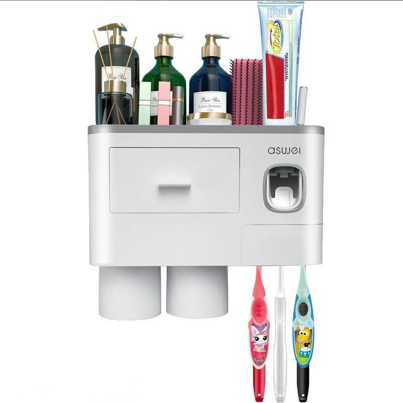 Bathroom Toothbrush Holder Wall Mounted with Auto Toothpaste Dispenser - No Drill Bathroom Storage Organizer with 2 Cups, Drawer, and Shelf for Family Bathroom, Gray (Green, M)