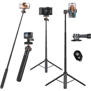 VRIG TP16 Camera Tripod, 55 inch Extendable Phone Selfie Stick Camera Tripod Stand with 2 in 1 Phone Clip, 5 Levels Adjustment 360° Ball Head Loads Up for Pocket 3 Insta360 X5 iPhone Sony Canon