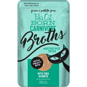 Tiki Cat Born Carnivore Broths, Tuna Recipe, Hydration and Flavor Supplement Cat Food Topper, 1.3 oz. Pouch (Pack of 12) , BBD: 06/13/2027