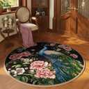 Round Rug 4ft Washable Circle Rug Non Slip Low Pile Floral Peacock Animal Small Circular Rug for Bedroom, Bathroom, Entryway, Kids Room, Office, College Dorm (Black)