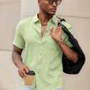 Runcati Mens Button Down Linen Shirt Short Sleeve Summer Beach Wedding Tops (Green, M)