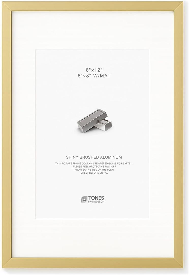 8x12 Picture Frame Gold Shiny Brushed Aluminum Metal 8 x 12 Gold Frame with Mat for 6x8 and Shatterproof Plexiglass Photo Frame for Art Gallery Wall Decor