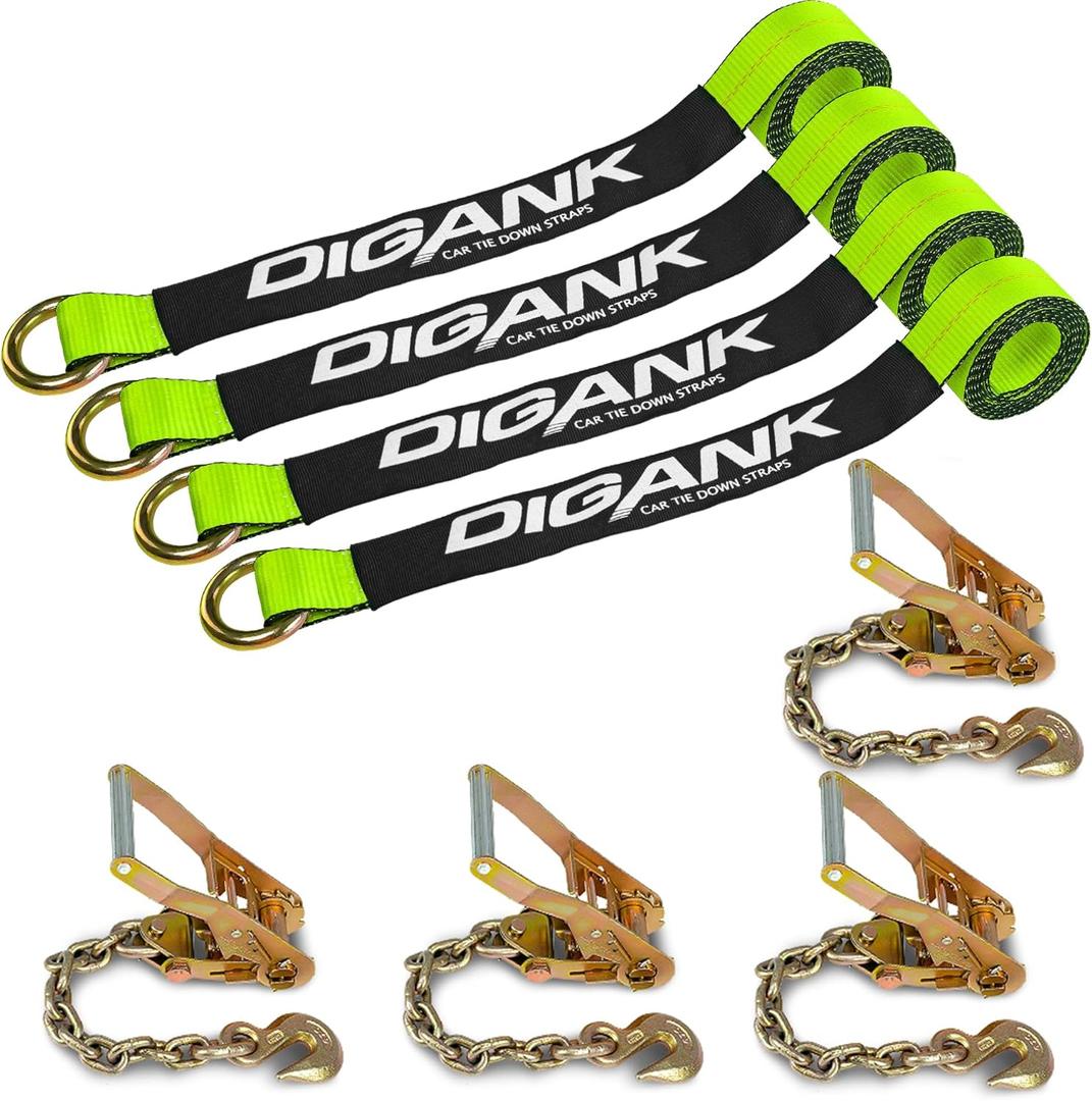 Heavy Duty Car Tie Down Straps (4PK) - 2" x 96" - 3,300 lbs Safe Working Load - Wheel Straps Comes with 5/16" Tow Hooks (Green)