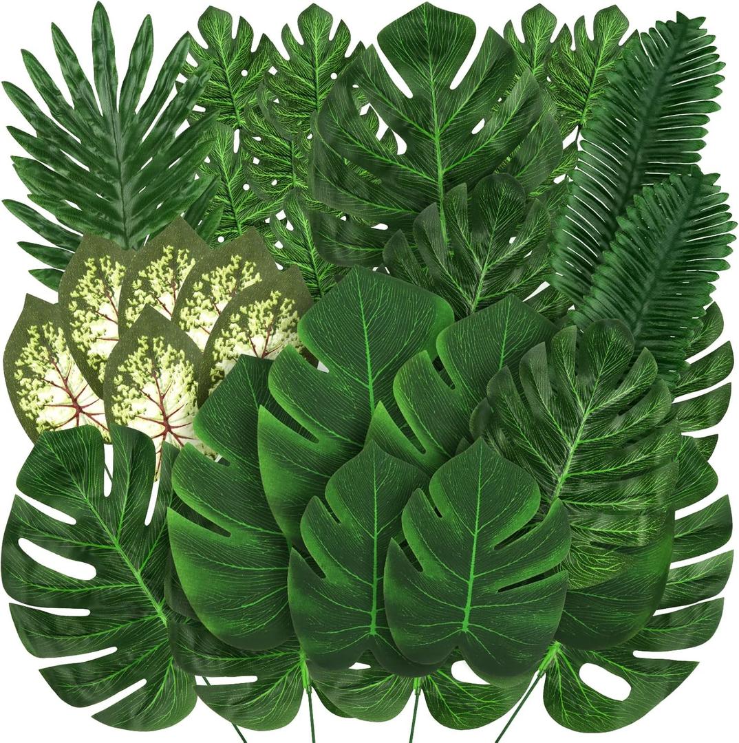 Jungle Party Decorations, 78 Pieces 8 Kinds Artificial Palm Leaves Green Tropical Leaves with Stems Jungle Leaves Decorations Palm for Hawaiian Luau Party Jungle Beach Table