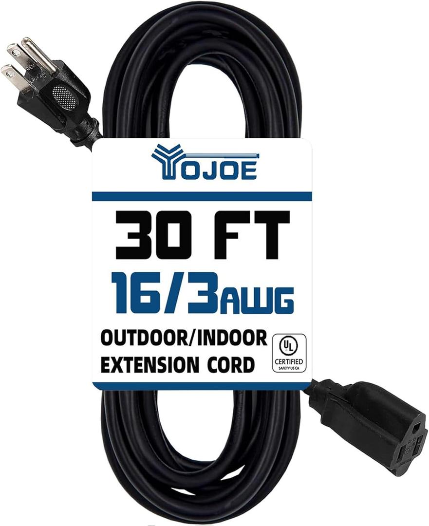 YOJOE Indoor Outdoor Extension Cord, 3 Prong 13A Weatherproof Power Cord, 16 Gauge Heavy Duty 30 ft Black Extension Cord for Garage, Garden and Home, 16/3 SJTW UL Listed
