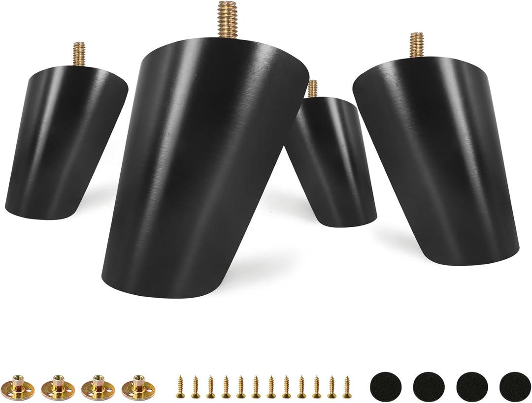 FoDau770 Black Rubber Wood Furniture Legs 3 Inches, Slant Tapered Wood Feet Mid Century Sofa Legs Set of 4, 5/16" UNC Furniture Feet Replacement Parts for Cabinet Couch Dresser Chair Ottoman Table