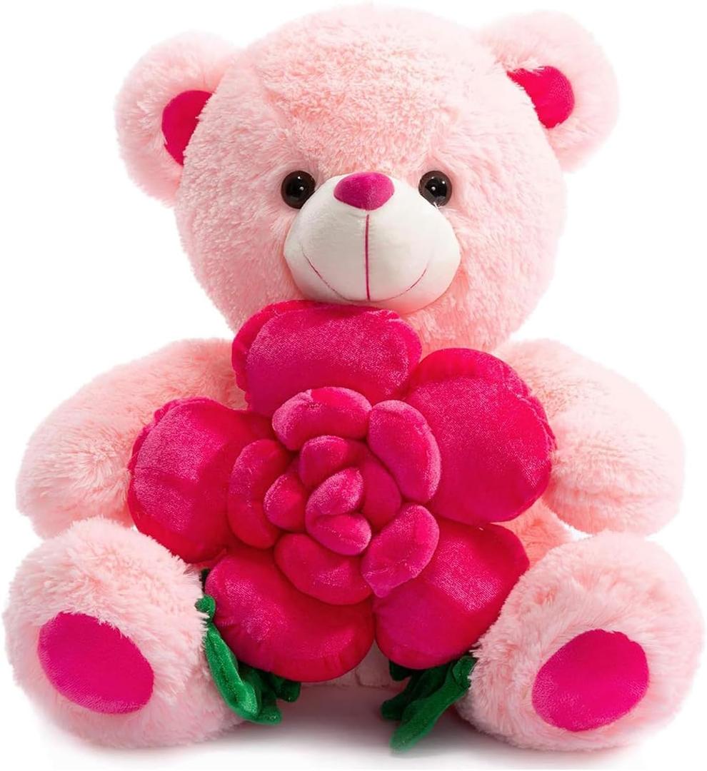 BEJOY Teddy Bear Stuffed Animals Plush Bear Holding Rose Soft Plush Toy Gifts 16 inches Pink