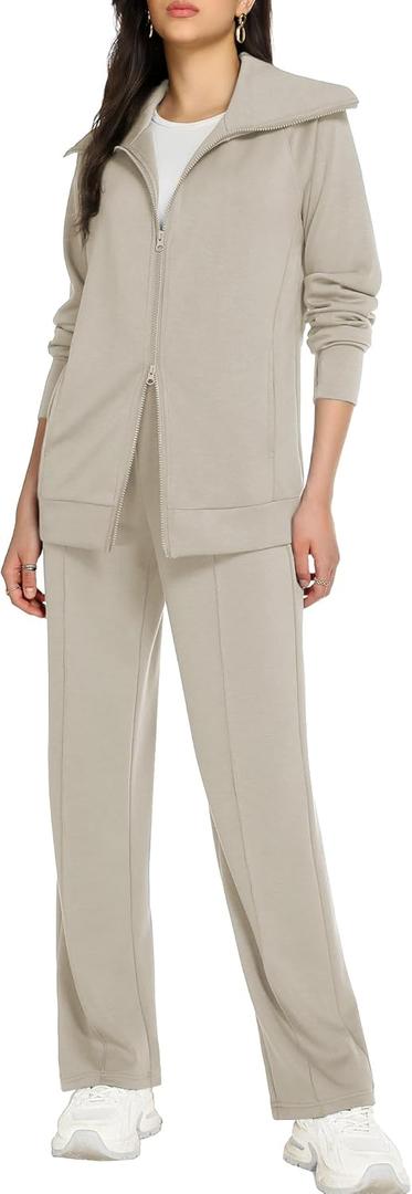 Casly Lamiit Lounge Sets for Women 2026 Spring Sweatsuit Long Sleeve Zip Up Travel Outfit Wide Leg Sweatpant Tracksuit (Large, Dark Beige)