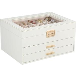 Voova Jewelry Box Organizer for Women Girls, 3 Layer PU Leather Jewelry Storage Case with Glass Lid & 2 Drawers, Large Jewellery Display Holder for Necklaces Rings Earrings Bracelets, White
