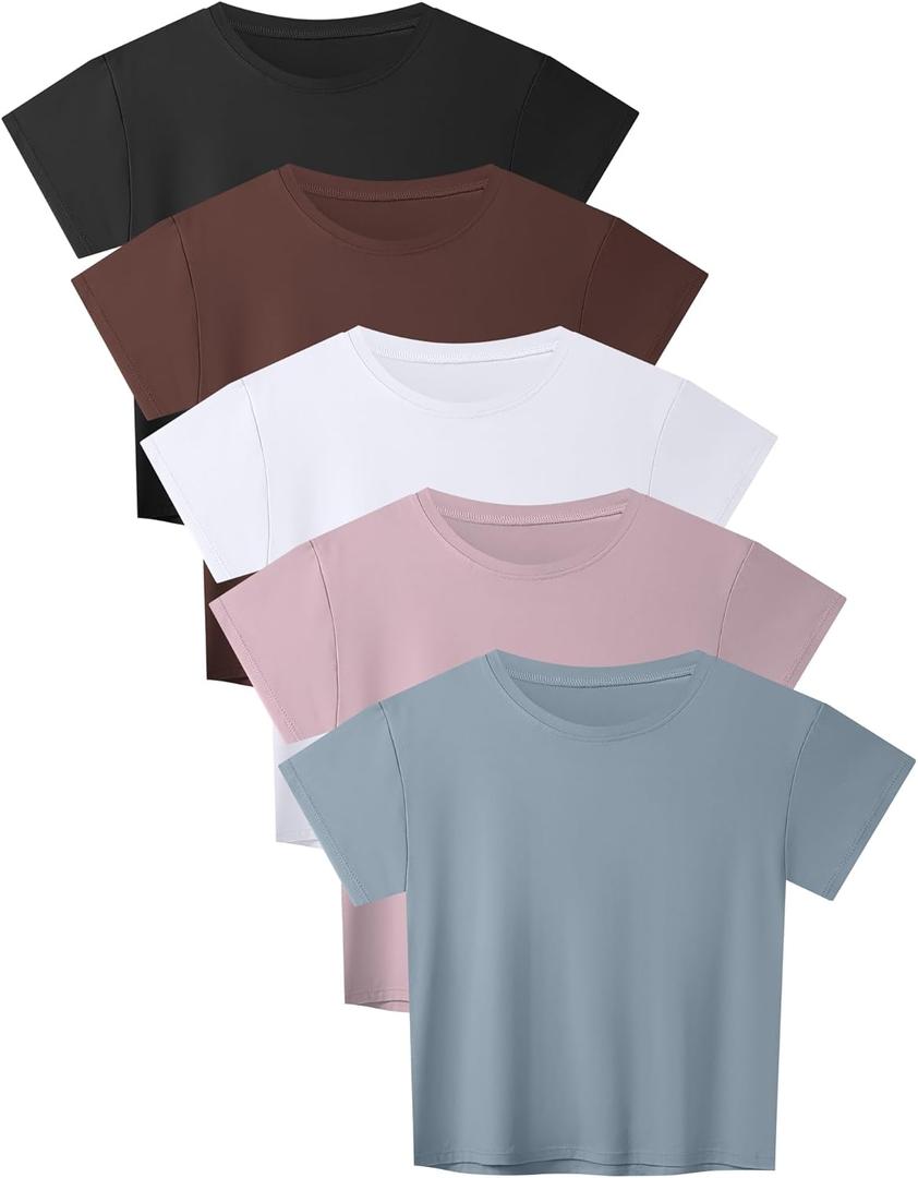 HOPLYNN 5 Pack Womens Loose Fit Crop Top Short Sleeve Crew Neck T Shirts Workout Athletic Running Yoga Gym Casual Tees (Medium, 1 Black 1 White 1 Pink 1 Blue 1 Coffee)