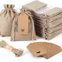 Nodaaiie 50 Pcs 5 x 7 Inch Burlap Bags with See-Through Window & Bonus Cards, Natural Jute Burlap Sack Drawstring Gift Favor Pouches for Wedding Party Favors Jewelry Samples