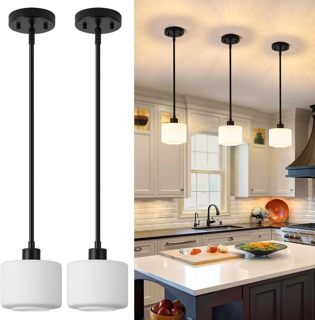 Black Pendant Lights Kitchen Island 2 Pack, Modern Milk Glass Hanging Light Fixtures with Rods, Mini Kitchen Pendant Lighting Over Island for Sink Bathroom, OS-YQ8153-2PBK