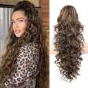 SEIKEA Ponytail Extension, 24" Fluffy Long Wavy Curly Claw Clip Hair Extensions Ponytail Multi-layered Clip in Fake Pony Tails Natural Soft Synthetic Hairpiece Chocolate Brown with Highlights