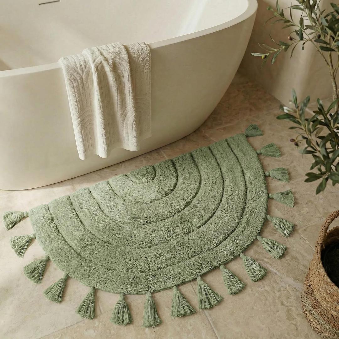 Beautiful Boho Rug with Tassels for Your Bathroom - Soft Half Circle 100% Cotton Mat Fits Perfectly Into Your Home - A Cute, Non-Slip and Absorbent Crochet Rug Ideal to Enhance Any Bath/Bedroom Decor