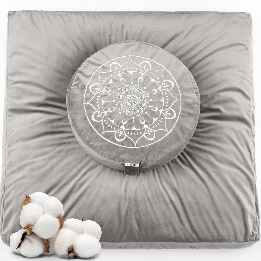 Hihealer Meditation Cushion, Traditional Tibetan Meditation Pillow Velvet Cover - Large Floor Cushion Seating for Adults - Yoga Buckwheat Bolster for WomenMoms (Sliver Grey(set))