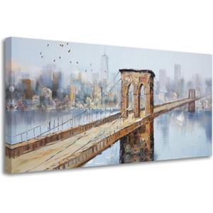 Arjun Brooklyn Bridge Canvas Wall Art New York Skyline City Painting, NYC Picture Textured Artwork Framed for Bedroom Living Room Home Office Wall Decor, Large 40"x20"