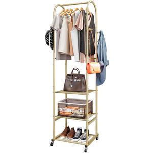 SUOERNUO Clothes Rack With Wheels and 3-Tier Metal Shelves,Clothing Rack For Hanging Clothes With 4 Hooks,Garment Rack Wardrobe Organizer for Small Space,Black (gold, 16.54 * 18.23 * 72.05)