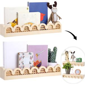 Pinkunn 2 Pcs Floating Shelves for Wall, Scalloped Rattan Shelf, Boho Wooden Wall Mounted Bookshelf Storage, Kawaii Room Decor for Nursery Room, Bedroom, Kitchen, Picture Frames, Plants(Wood Color)