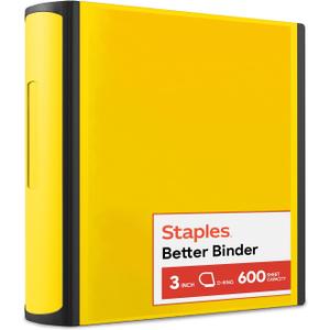 Staples Heavy-Duty 3-Inch D-Ring Binder, Yellow  Large Capacity 3-Ring Binder, Holds Up to 600 Sheets for School & Office