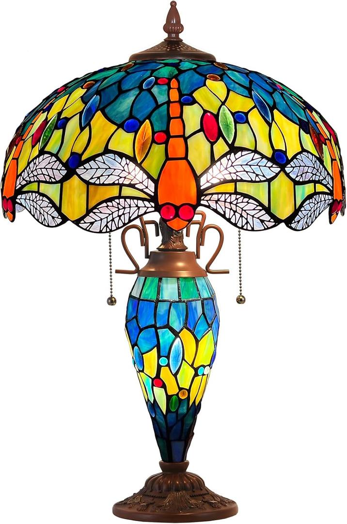 Capulina Tiffany Lamp Blue Red Dragonfly Stained Glass Table Lamp 3-Light