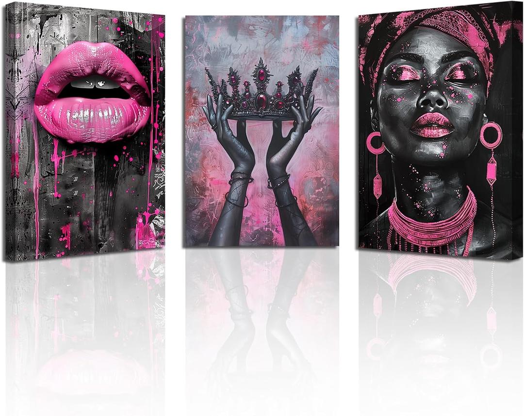 PBXBJY African American Wall Art African Girl Canvas Prints 3 PCS Black Queen with Pink Crown Lips Painting Black Woman Picture Framed Home Office Decor (16.00" x 24.00" x 3PCS)