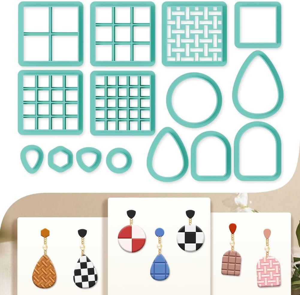 beinkmake 15Pcs Square Polymer Clay Cutters Checkered Grid Clay Earrings Cutters Polymer Jewelry Cutter for Earrings Making Birthday Party DIY Supplies