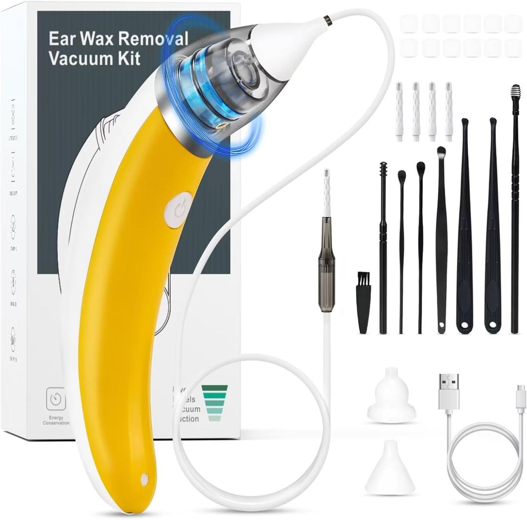Ear Vacuum Ear Wax Removal Kit with 5 Levels Strong Suction, Reusable Electric Ear Suction Vacuum Tool for Adults and Kids (Yellow)