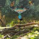 John's Studio Peacock Bird Bath for Outdoor - Glass Bowl Solar Light Cage Outside Dish Bird Feeder with Metal Stake for Garden, Yard and Patio - 32 inches