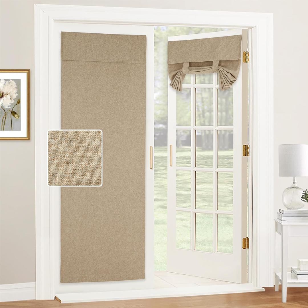 RYB HOME Linen Blended French Door Shades Self Adhesive, Privacy Room Darkening Glass Door Window Curtains for Kitchen Patio Sidelight Curtain Tie Up Shade, Wide 34 x Long 69 inch, 1 Pc, Mocha