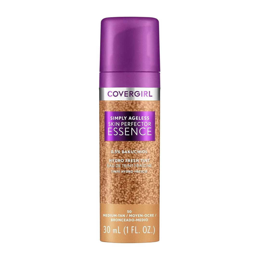 Covergirl Simply Ageless Skin Perfector Essence Foundation, 50 Medium-Tan, Tinted Skincare Makeup Hybrid, Sheer Tint, Radiant Finish, Glowy Finish, Vegan Formula, 1.0oz