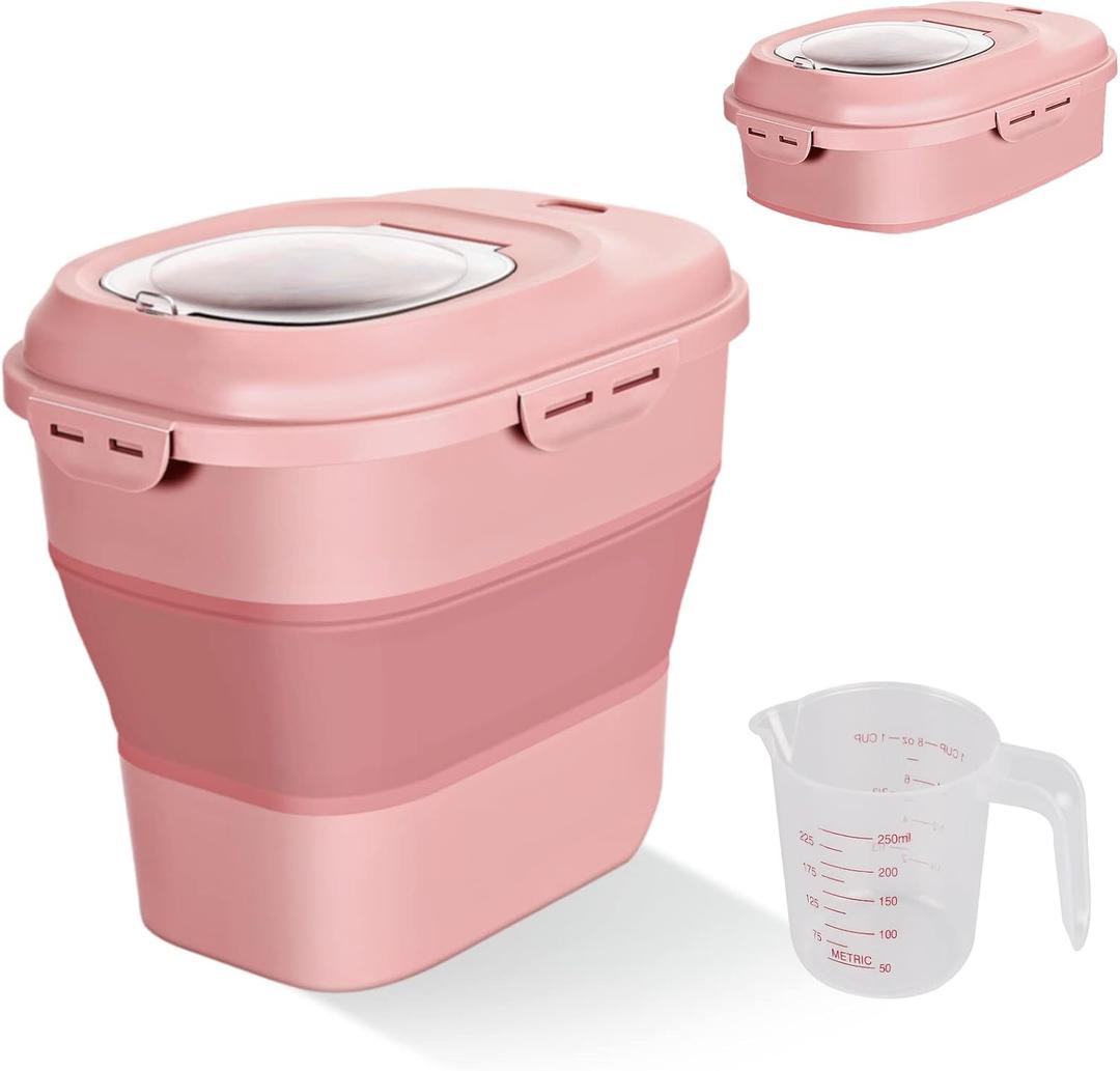 Cereal Rice Food Storage Containers, Collapsible 20 to 50 Lbs Dispenser Bin with Rolling Wheel Airtight Locking Lid, Dog Pet Cat Flour Sugar Plastic Leakproof Sealable Large Kitchen Pantry Holder (Pink)