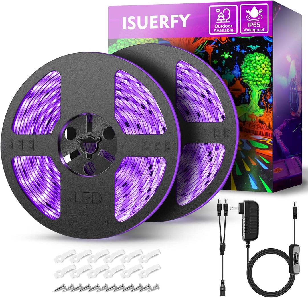 IP65 Waterproof LED Black Light Strip Kit 40ft/12M 720 LEDs, 12V Flexible Blacklight Fixtures, 385-400nm, Black Light LED Strips for Glow Party Body Paint Outdoor Indoor Decor Birthday Party Halloween