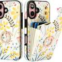 HAOPINSH for iPhone 16 Wallet Case with Card Holder, 360°Rotation Ring Kickstand, Floral Flower Pattern, RFID Blocking Leather for Girls Women, Double Buttons Protective Cover 6.1"