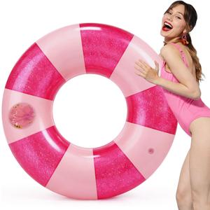 48" Giant Glitter Inflatable Swim Floats with Large Cup Holder Jumbo Pink Striped Pool Ring Fun Print Pool Lounger Tube for Adult Summer Swimming Beach Party Supplies