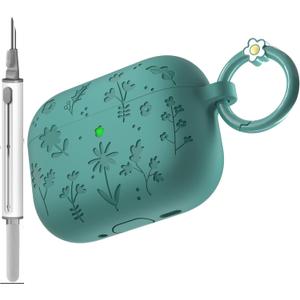 2 x for AirPods Pro 3 Case (2025) DamonLight Floral Engraved Shockproof Protective Soft Silicone Case Cover with Cleaning Pen and Floral Keychain for Apple Airpods Pro 3rd Generation (Forest Green)