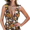 Womens One Piece Swimsuits Tummy Control Ruffle Tie Back Bathing Suit High Waisted Tie Back Swimwear Size XS-2XL (Medium, Gothic Skull)