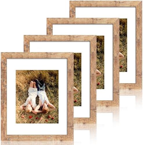 iRahmen 11x14 Picture Frame Set of 4 with Tempered Glass, Rustic Brown Frame Display 8x10 Pictures with Mat or 11 x 14 Without Mat, Wooden Photo Frames for Wall Mounting