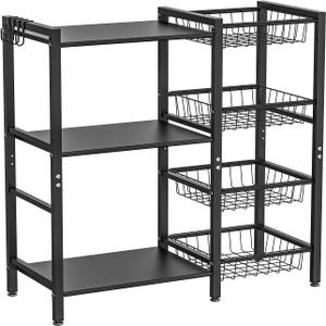 Storage Rack Kitchen Baker's Rack - 3 Tiers 4 Baskets, Utility Coffee Bar, Air Fryer Stand with Steel Mesh Baskets, Black 