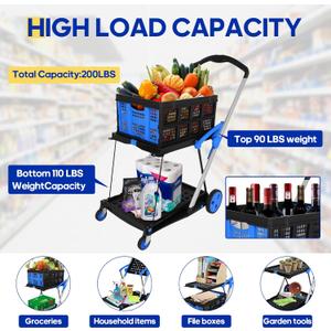 Multifunctional Folding Cart with Wheels,Two Layers Collapsible Utility Cart for Groceries,Office,Warehouse,Supermarket, Double Layer Foldable Shopping Cart(Blue),Collapsible Handcart Heavy Duty